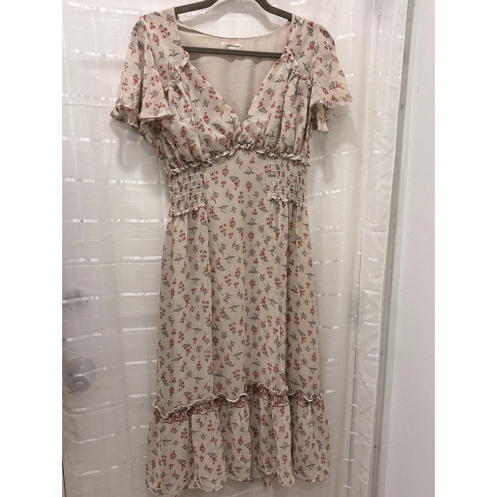 Max Studio Floral Chiffon Midi Dress Smocked Waist Flutter Sleeve Cream Red S